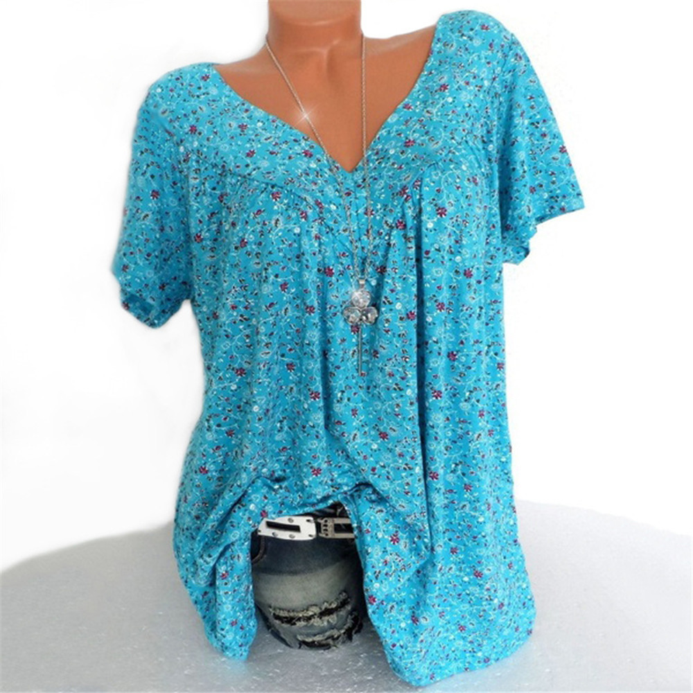 T-shirt à manches courtes en mousseline de soie pour femme, col en v, imprimé floral, livraison directe, YRW6930