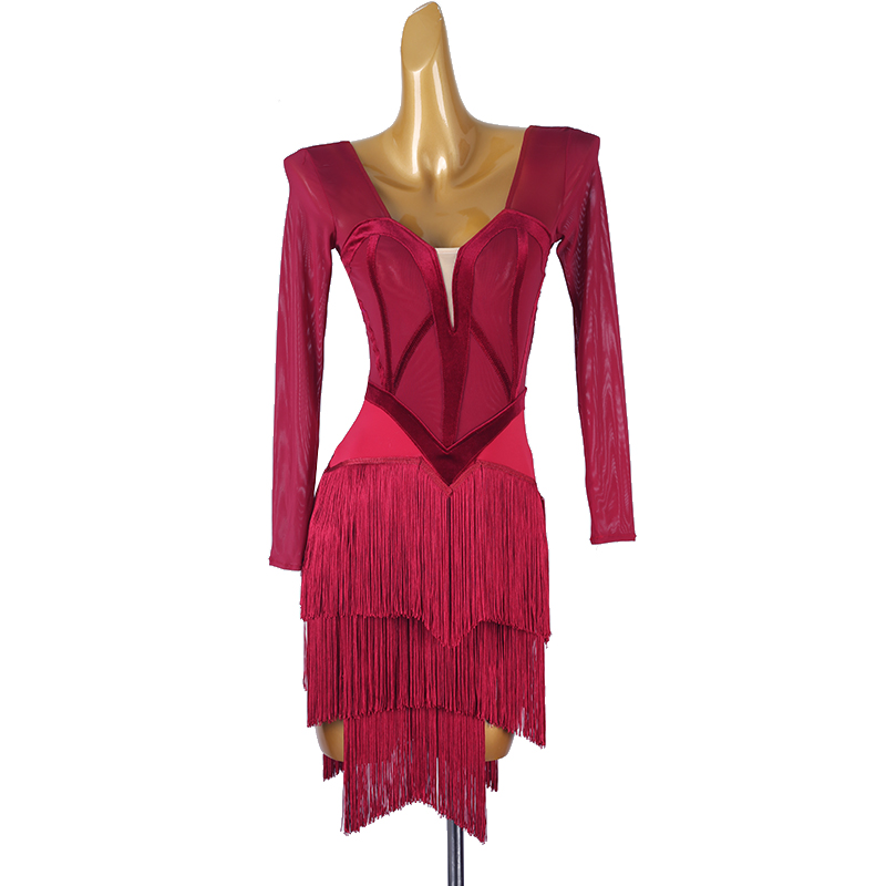 Robe de danse latine à franges pour femmes, avec franges, pour spectacle, Salsa, Rumba, manches longues, pour salle de bal, Costume de scène, nouvelle collection 2025