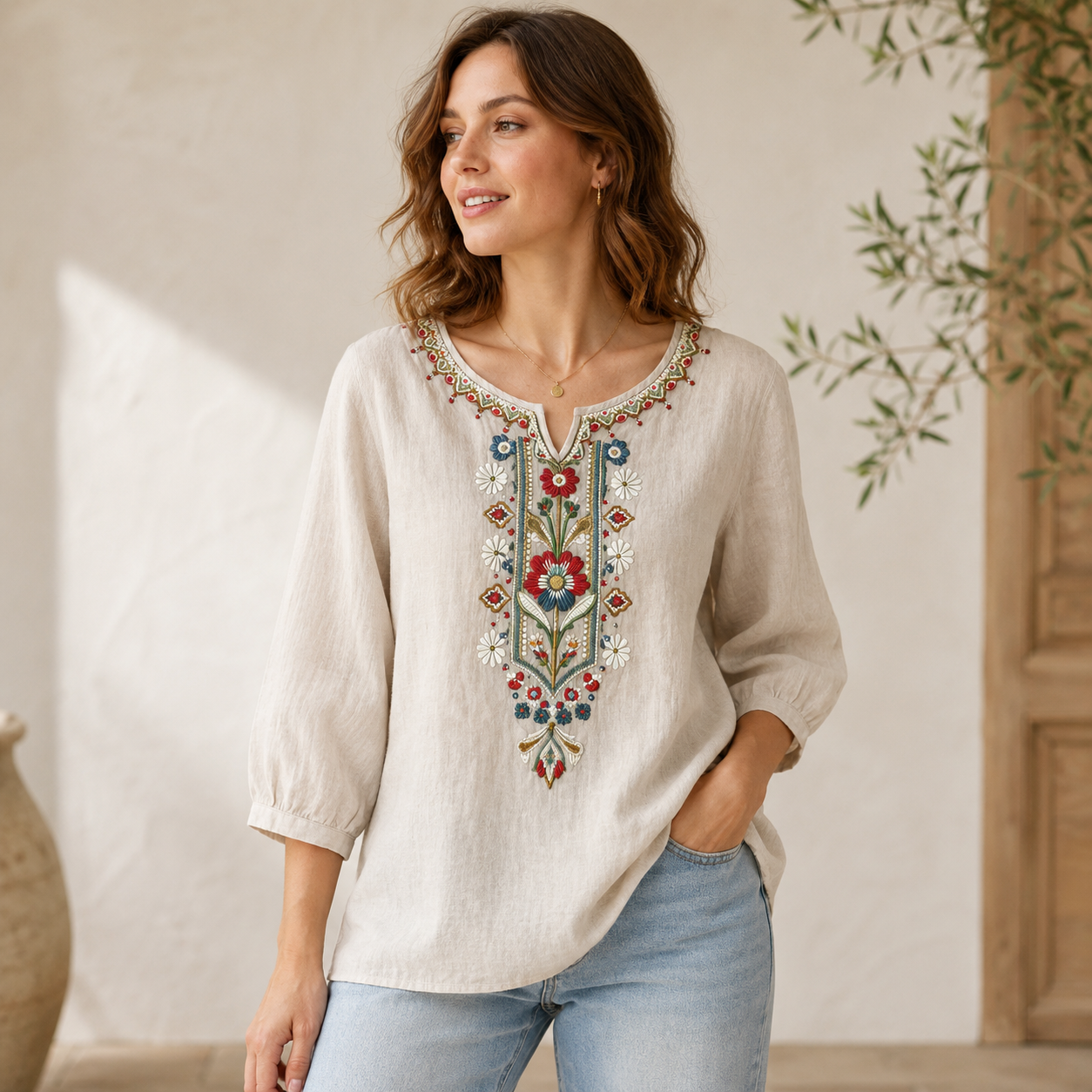 Chemisier Bohème Brodé pour Femme, Manches 3/4, Col en V Fendu, Tunique Florale Décontractée Ample, Chemise d'Été