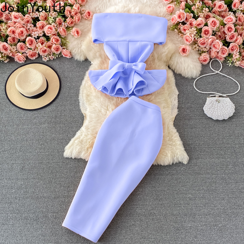 Costume jupe pour femmes, ensemble deux pièces, col Slash, Bandage, nœud, volants, haut court, taille haute, jupes moulantes, tenues d'été Sexy