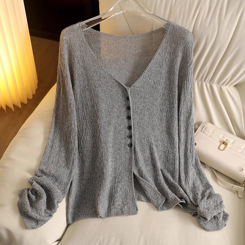Manteaux légers en maille pour femmes, vêtements ajourés à manches longues, couleur unie, col en V, cardigans décontractés pour l'été