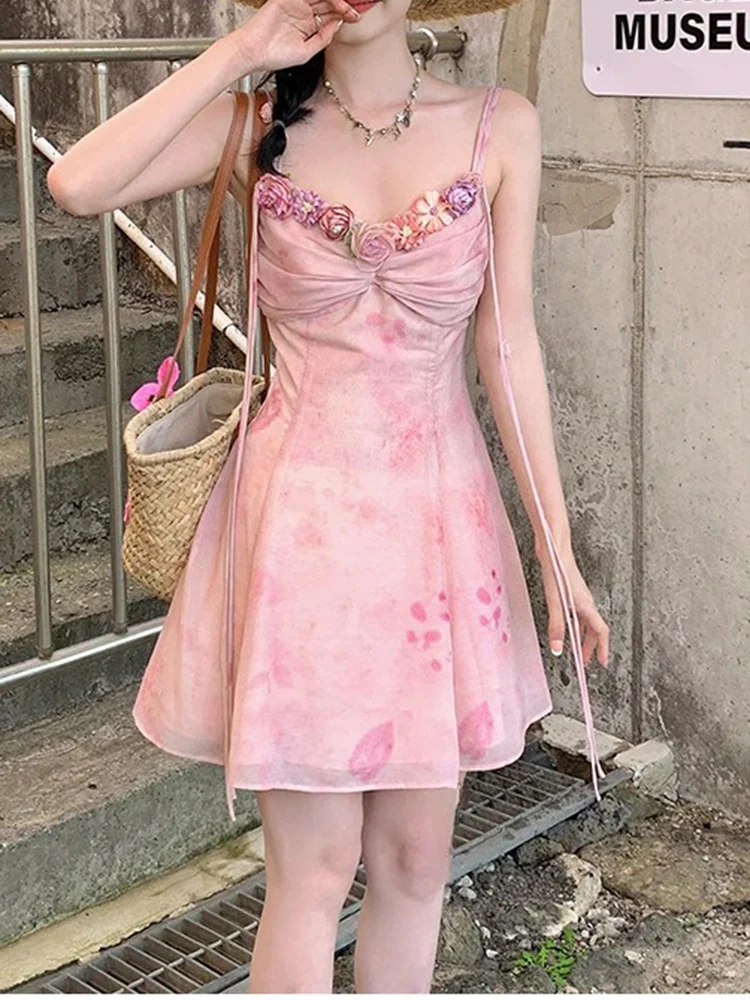 Robe mi-longue en mousseline de soie pour femme, robe imprimée rose clair, mode de plage, Y2K, vintage, chic, français, rétro, élégant, décontracté, été