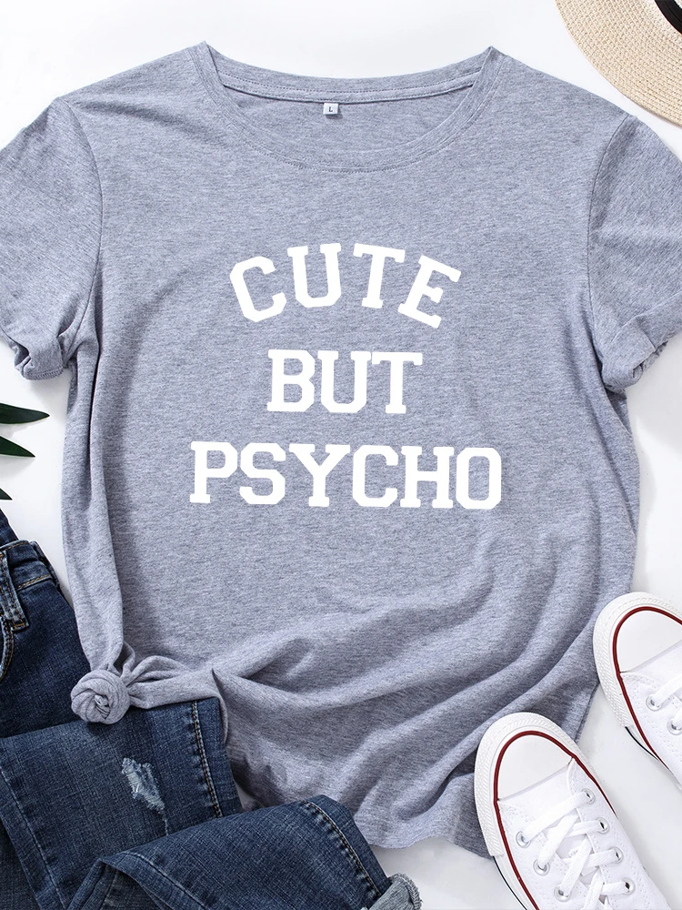 Mignon mais Psycho lettre imprimer femmes t-shirt à manches courtes col rond lâche femmes t-shirt dames t-shirt hauts vêtements Camisetas Mujer