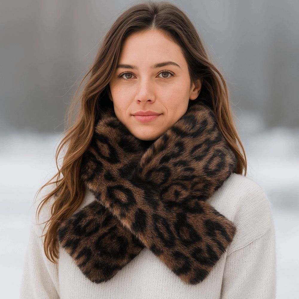 Mignon épaissir chaud imprimé léopard écharpe coupe-vent doux fausse fourrure écharpe Faux col fausse fourrure de lapin écharpe d'hiver vêtements pour femmes