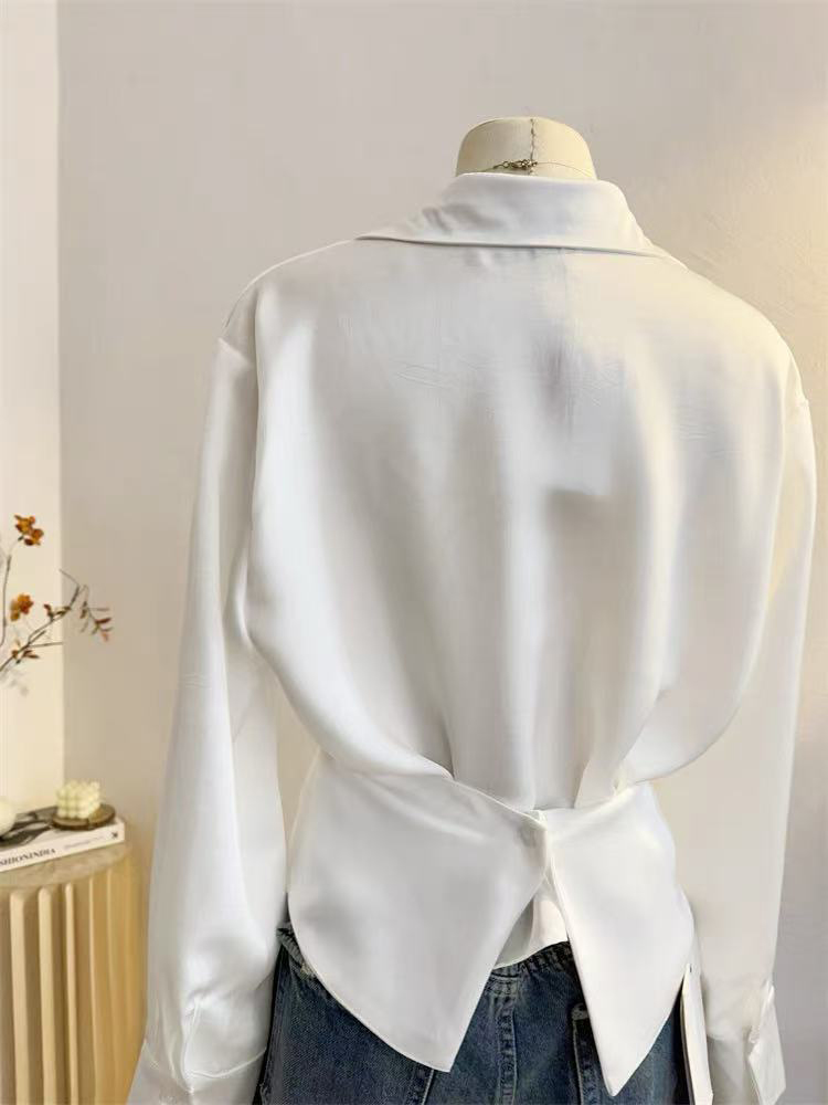 Coréen Chic croix femmes chemises blanches élégant un bouton à manches longues en mousseline de soie hauts Harajuku asymétrie tout Match revers Blouse Mujer