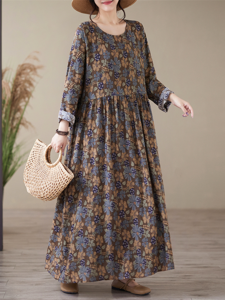Robe longue à manches longues en coton imprimé floral vintage pour femme, collection Printemps-Automne 2026, style décontracté et ample, vêtements de mode