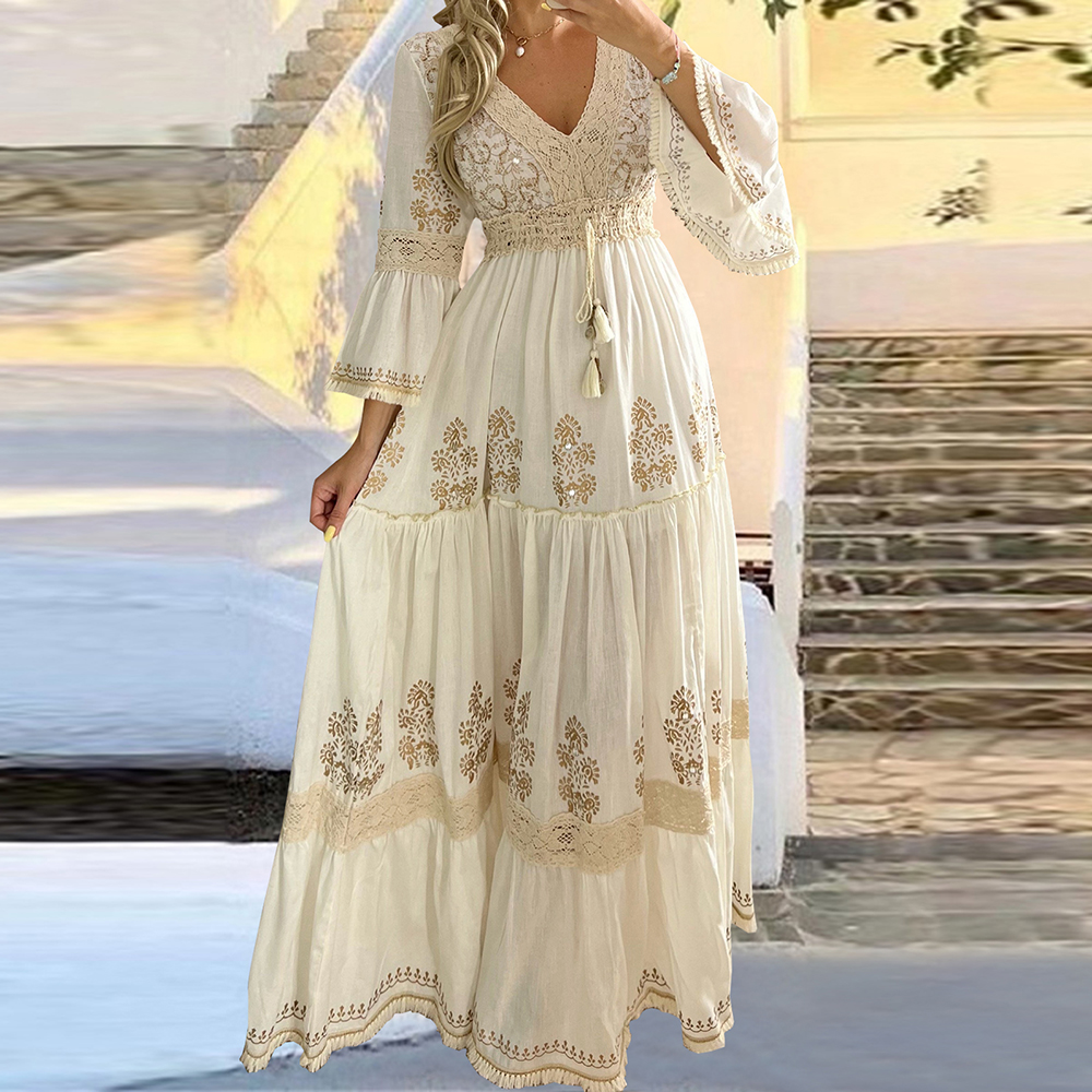 Robe décontractée élégante pour femme en dentelle et maille, col rond, manches longues évasées, style vintage bohème, robe longue de vacances, Vestidos