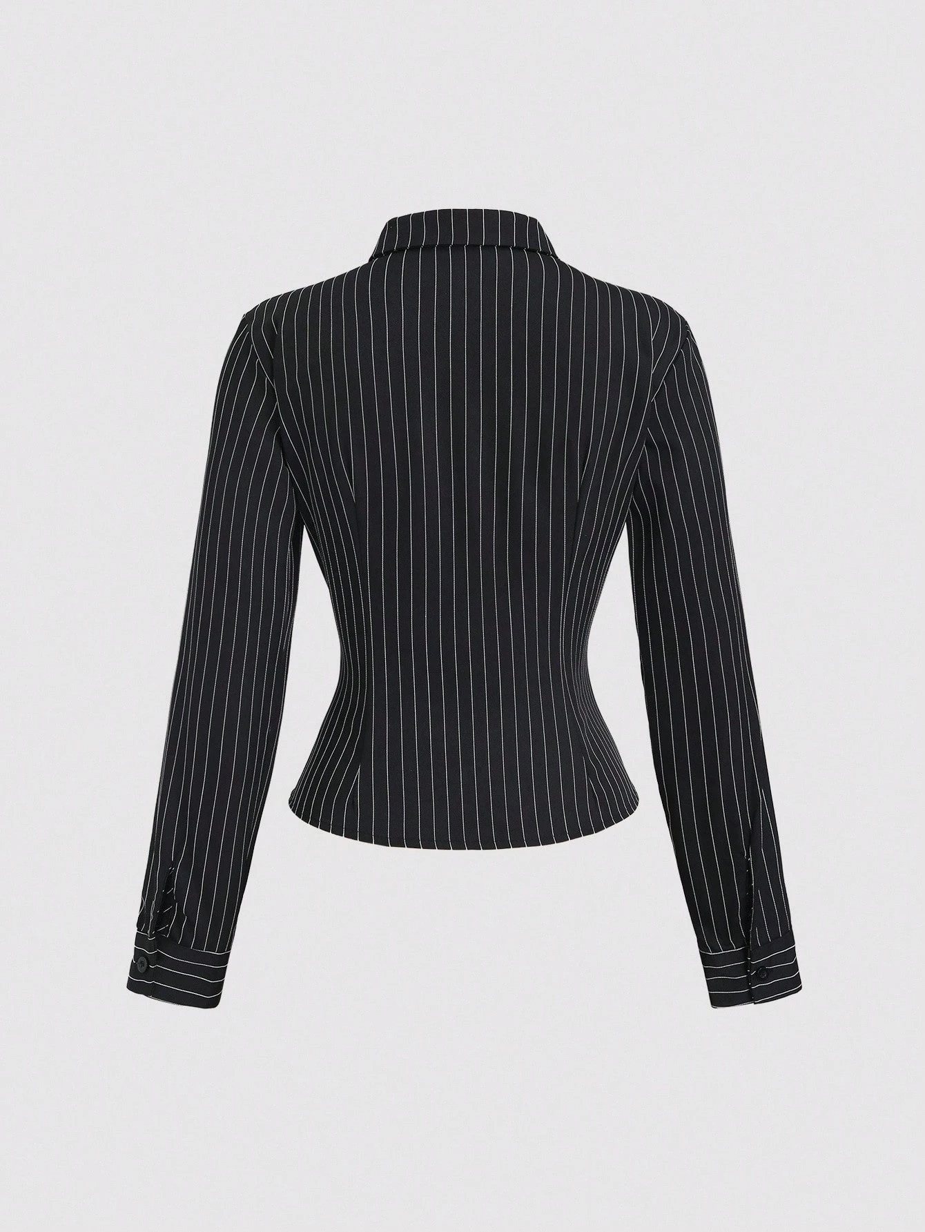 Chemise à manches longues rayée pour femmes, élégante, boutons texturés, taille ajustée, noire, bureau, simple boutonnage, chemise courte, printemps/automne