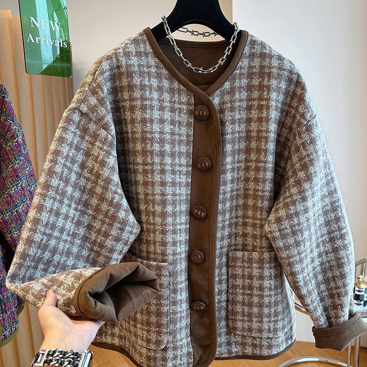 Veste en Tweed populaire coréenne élégante, ample, mode col rond, manteau en Tweed tissé pour hommes et femmes, tendance américaine d'automne, haut en daim esthétique