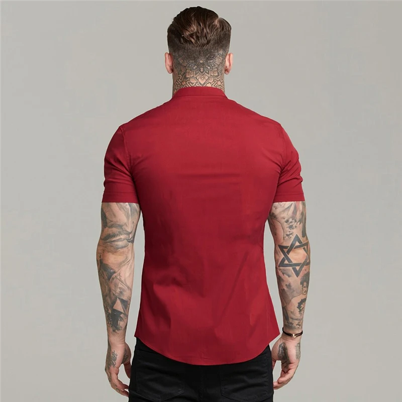 Hommes chemise à manches courtes été plaine coupe ajustée chemises habillées Fitness hommes vêtements de sport mode décontracté Stand Social chemises d'affaires