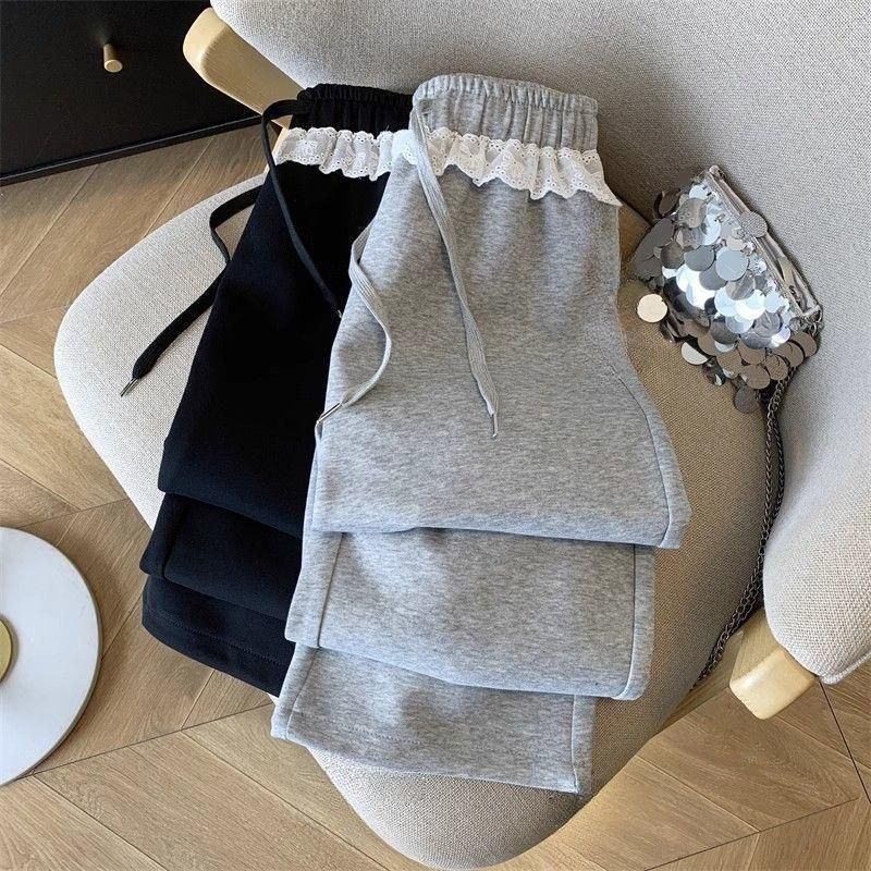 Mode coréenne solide pantalon femme gris dentelle Patchwork pantalons de survêtement femmes taille haute décontractée pantalon ample élégant pantalon à jambes larges