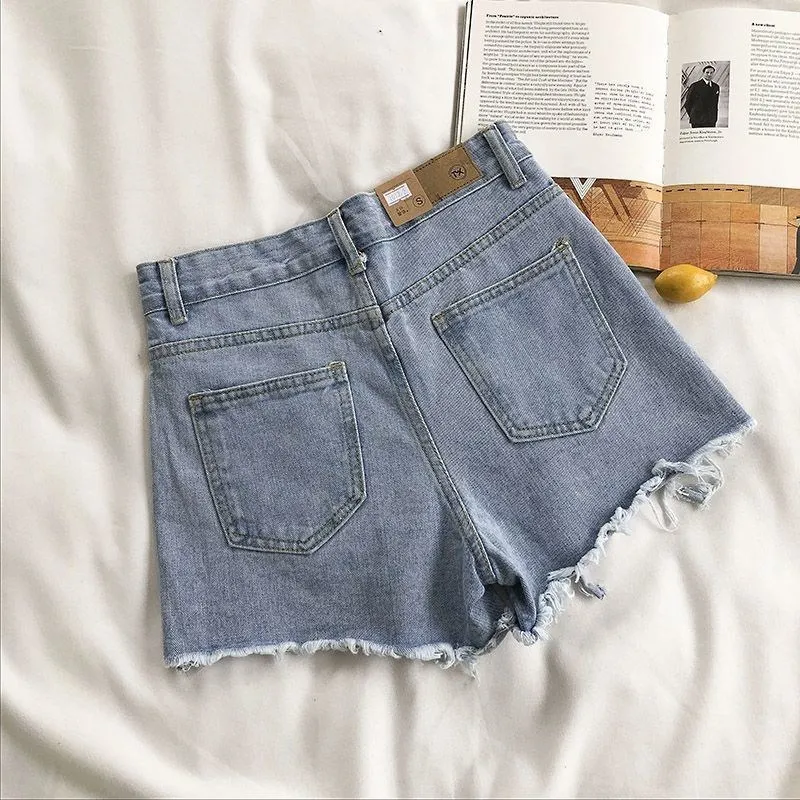 Short en Denim coréen pour femmes, mode d'été décontractée, taille haute, déchiré, poche avec pompon, pantalon chaud Y2K, Streetwear, pantalon bleu