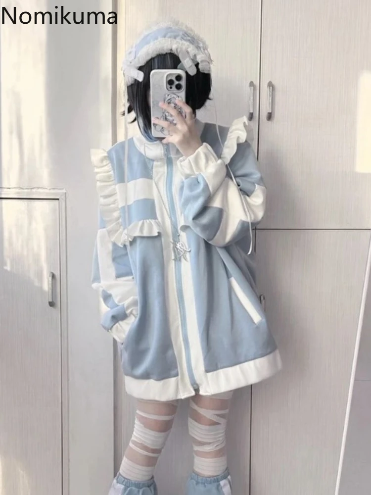 Manteau japonais pour femmes, Patchwork, manches longues, vêtements d'extérieur surdimensionnés, hauts Y2k, Style Preppy, décontracté, mode, volants, vestes Lolita Y2k