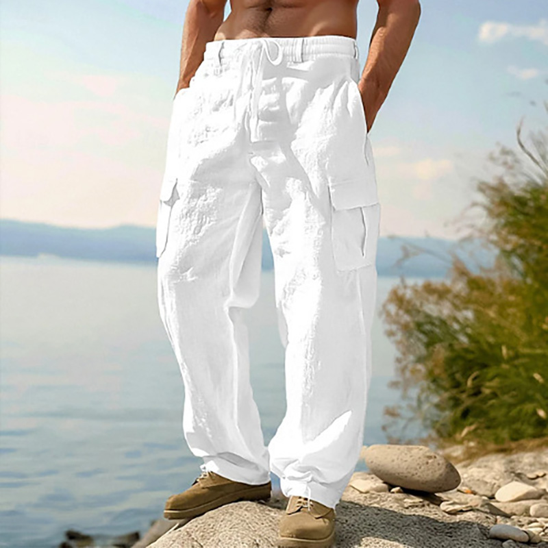 Nouveaux pantalons décontractés pour hommes, pantalons cargo amples et confortables, pantalons en coton et lin multi-poches, pantalons droits, pantalons fins pour la plage pour hommes