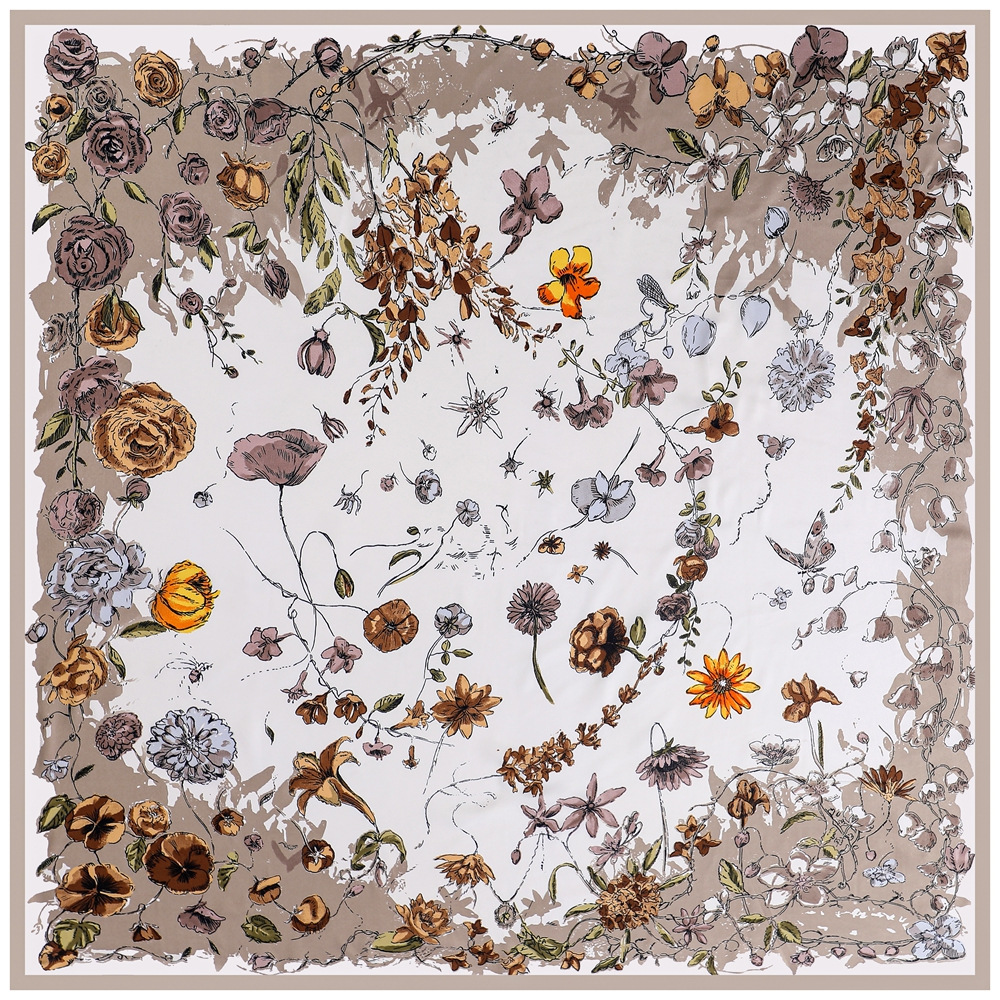 Foulard en Soie de Luxe 130x130cm pour Femme, Grand Châle Imprimé Fleurs, Écharpe Carrée, Bandana, Hijab, Foulards Féminins