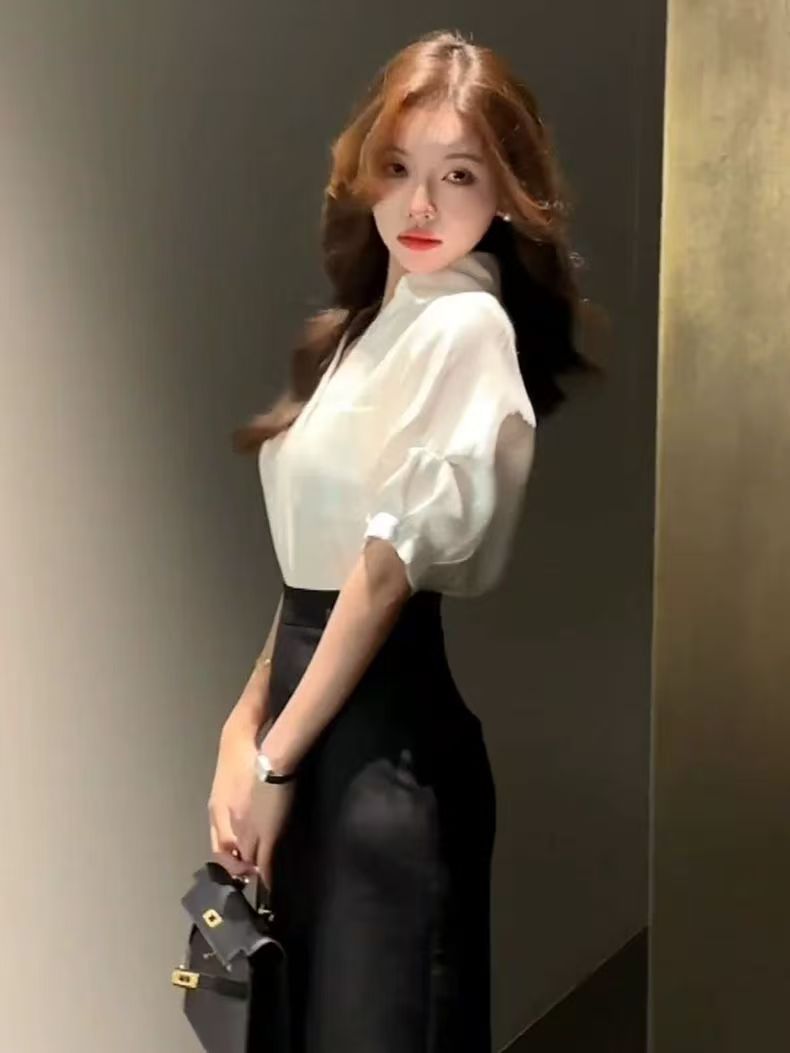 Été blanc chemise à manches courtes 2025 nouveau col en v en mousseline de soie haut élégant bureau dame vêtements hauts haut de gamme chemise mode Blouses Chic
