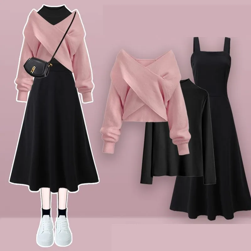 Femmes printemps automne nouveau Vintage tricot pull + chemise + sangle robe Midi 3 pièces costume 2025 coréen élégant pull robe correspondant ensemble