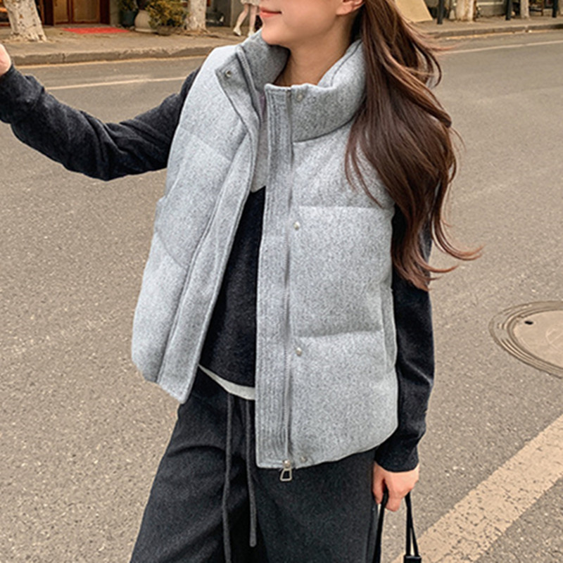 Gilet court en coton pour femme, nouvelle mode coréenne, sans manches, col montant, fermeture éclair, noir et gris, automne hiver