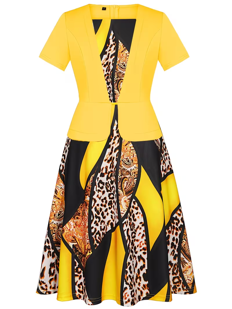 Robe midi élégante à manches courtes pour femmes grandes tailles, à motif floral, pour le travail, les cocktails, les soirées, décontractée, cintrée et évasée, style A-line