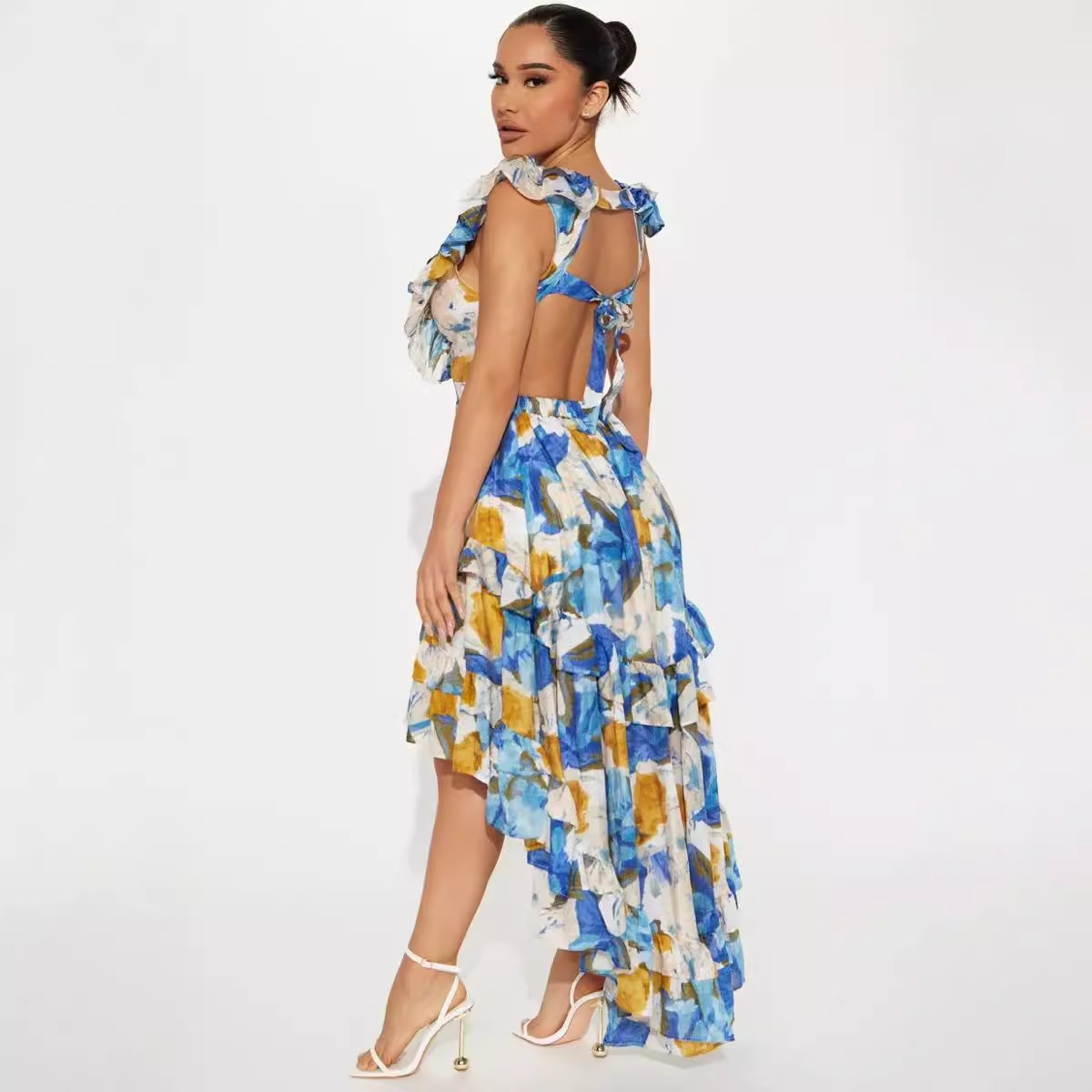 Femmes robe imprimée une ligne sans manches robes à bretelles col en V taille haute robe de soirée bal plissé décontracté pli robes bohème