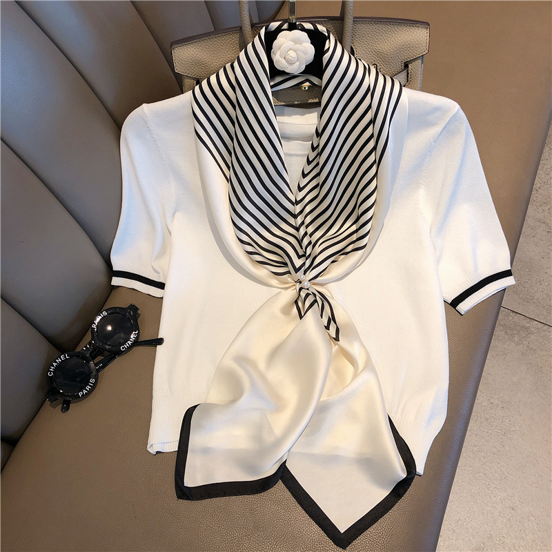Foulard en soie imitation soie pour femme, grand châle enveloppant, écharpe carrée rayée, Bandana, 90x90cm