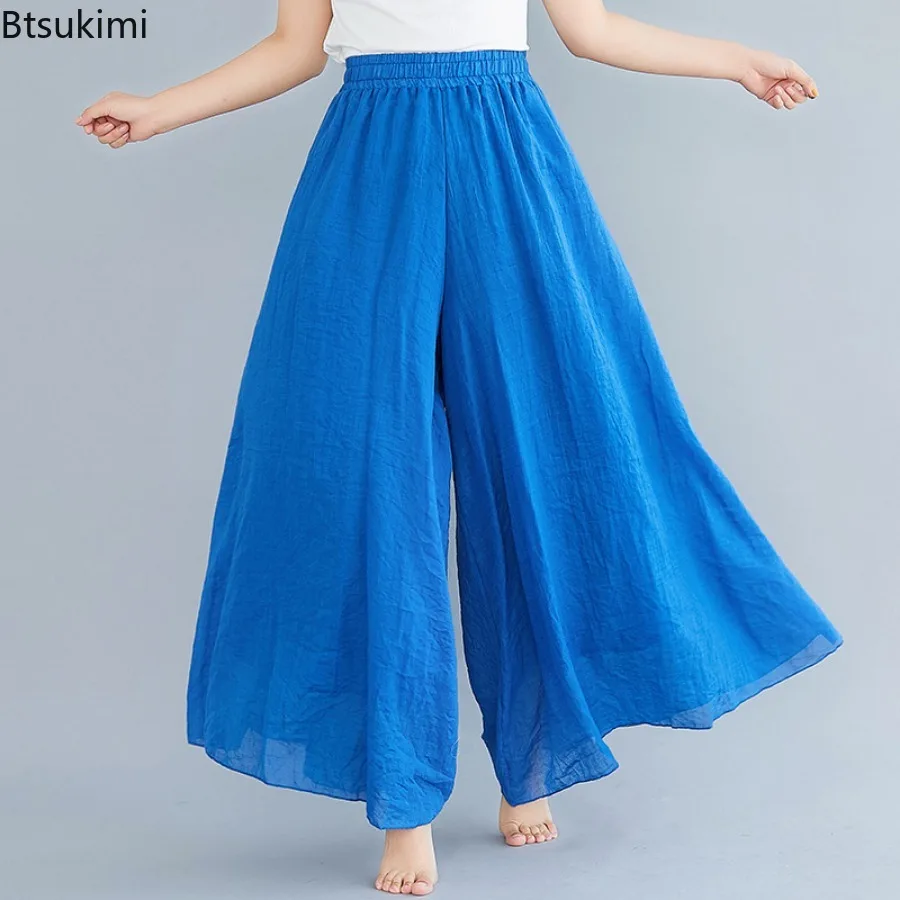 Pantalon décontracté style ethnique 2026, nouveau pantalon large en coton et lin, culotte unie, confortable et polyvalent, style vintage pour femme