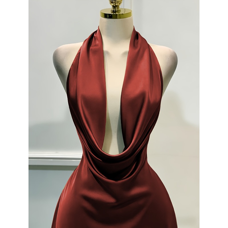 Robe en satin pour femme – Fermeture éclair au dos, dos ouvert, ajustée, pour les vacances, les soirées et les occasions spéciales