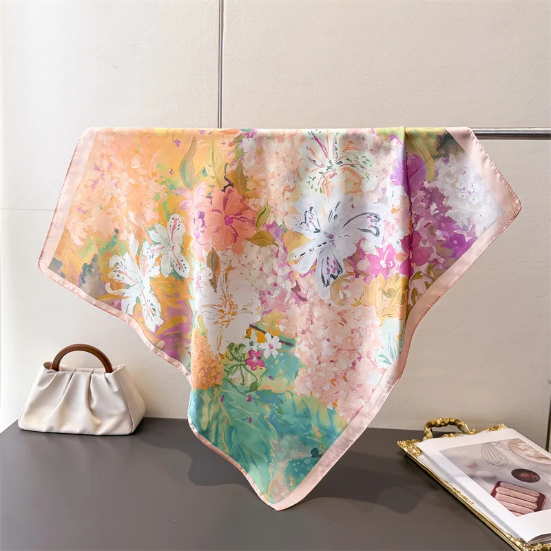 Foulard carré imprimé pour femme, imitation soie, bandanas, hijab floral de luxe, écharpe élégante, châle de plage