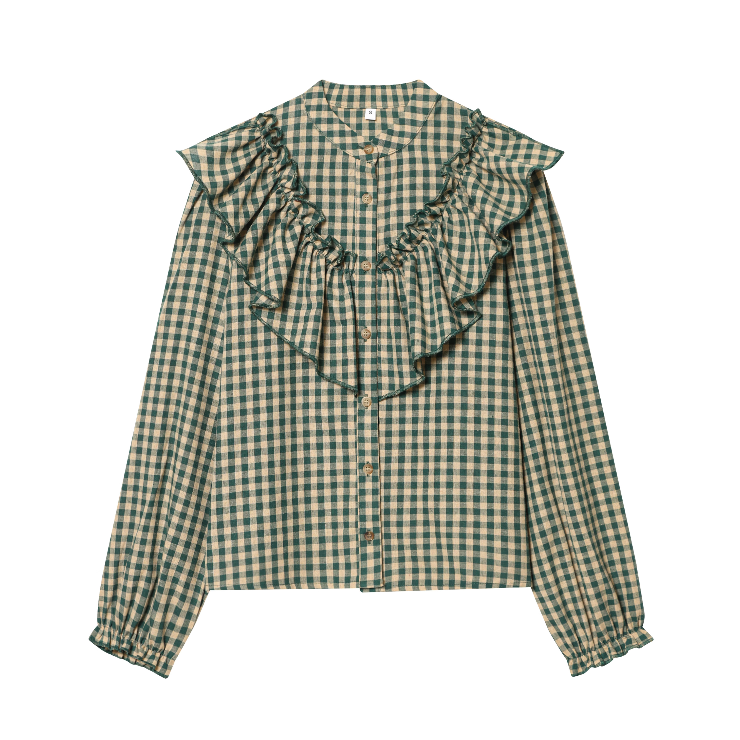 Chemises à carreaux pour femmes, nouvelle collection printemps-automne, chemisier à volants décoratifs, col rond, manches longues, chemises décontractées, chemisiers chics pour femmes