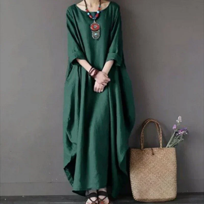 Robe d'été fine en coton et lin pour femmes, manches longues, style Boho, couleur unie, caftan Vintage