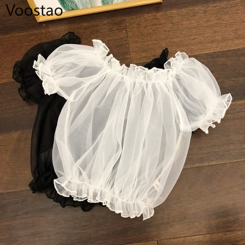 Chemises en maille à volants pour femmes, chemisiers de style Lolita doux, col slash Kawaii, manches courtes bouffantes, sexy et mignon, été