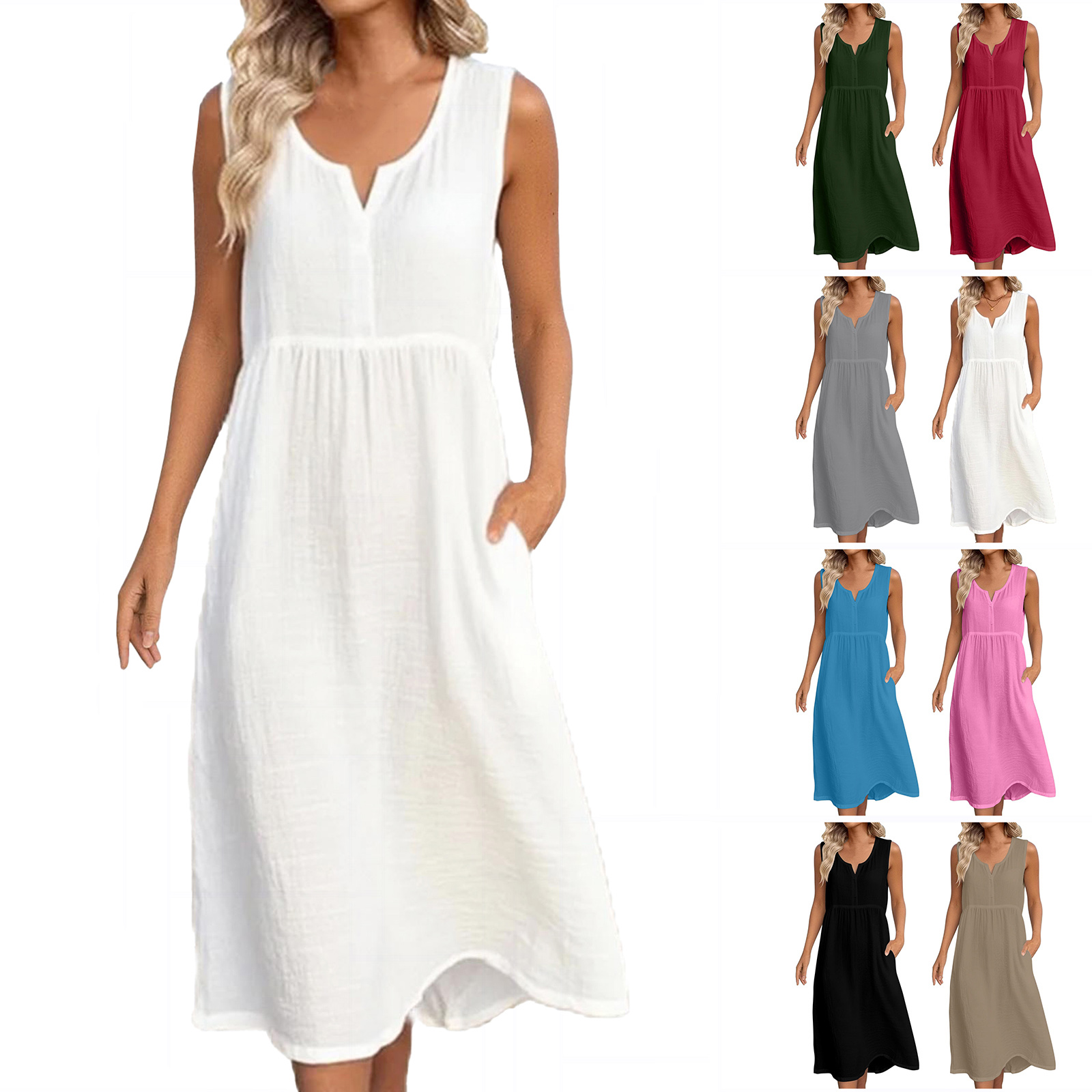 Robe midi en coton pour femmes, avec poches latérales, sans manches, col rond, taille haute, ample, décontractée, couleur unie, robe de plage, été