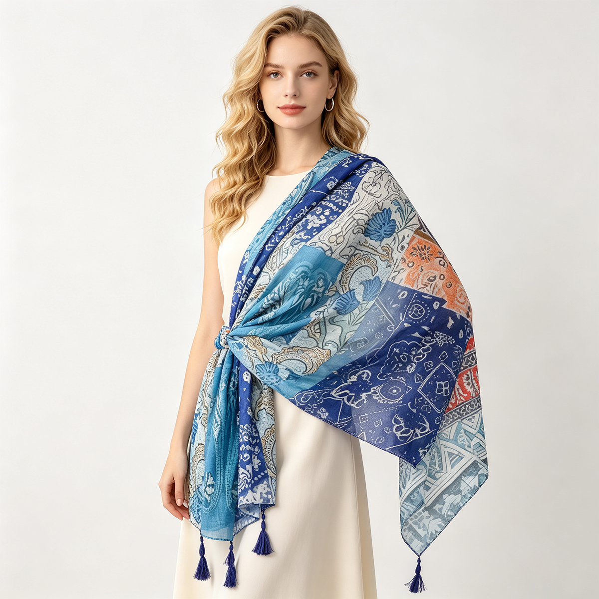 Écharpe vintage ethnique à motifs patchwork pour femmes, avec pompons, imprimé floral géométrique bleu, châle léger et tendance, 88x180cm