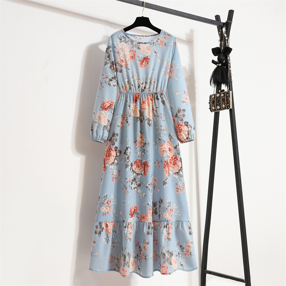 Robe longue en mousseline de soie pour femmes, manches longues, style bohème décontracté, taille haute, pour la plage, motif floral, automne