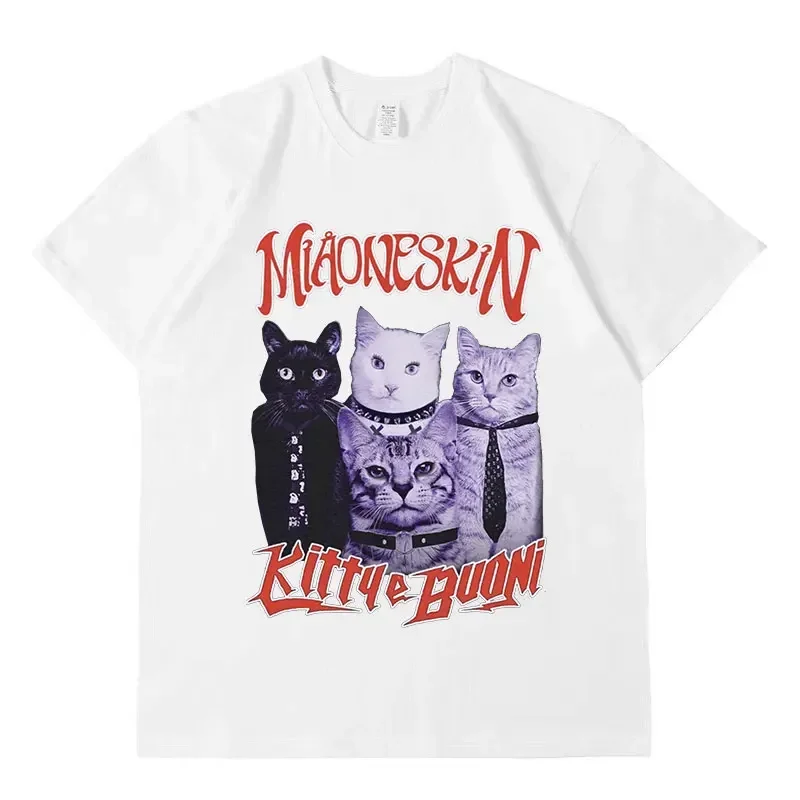 T-shirt graphique de chat de maneskin de groupe de rock pour hommes et femmes, hip hop vintage, coton surdimensionné, Harajuku, esthétique, streetwear