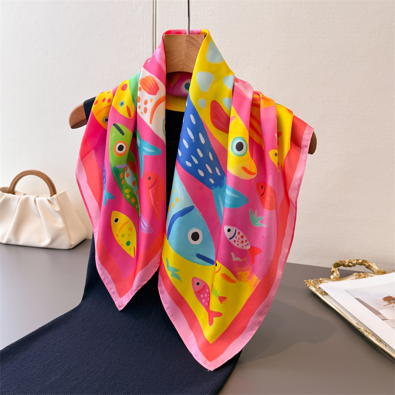 Foulards carrés en soie à motif poisson coloré pour femmes, élégants hijabs toutes saisons, écharpes décoratives pour le cou, bandanas doux