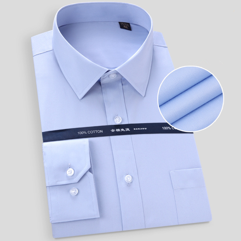 Haute qualité repassage gratuit hommes robe chemise à manches longues 100% pur coton nouveau solide mâle coupe régulière chemise d'affaires blanc bleu