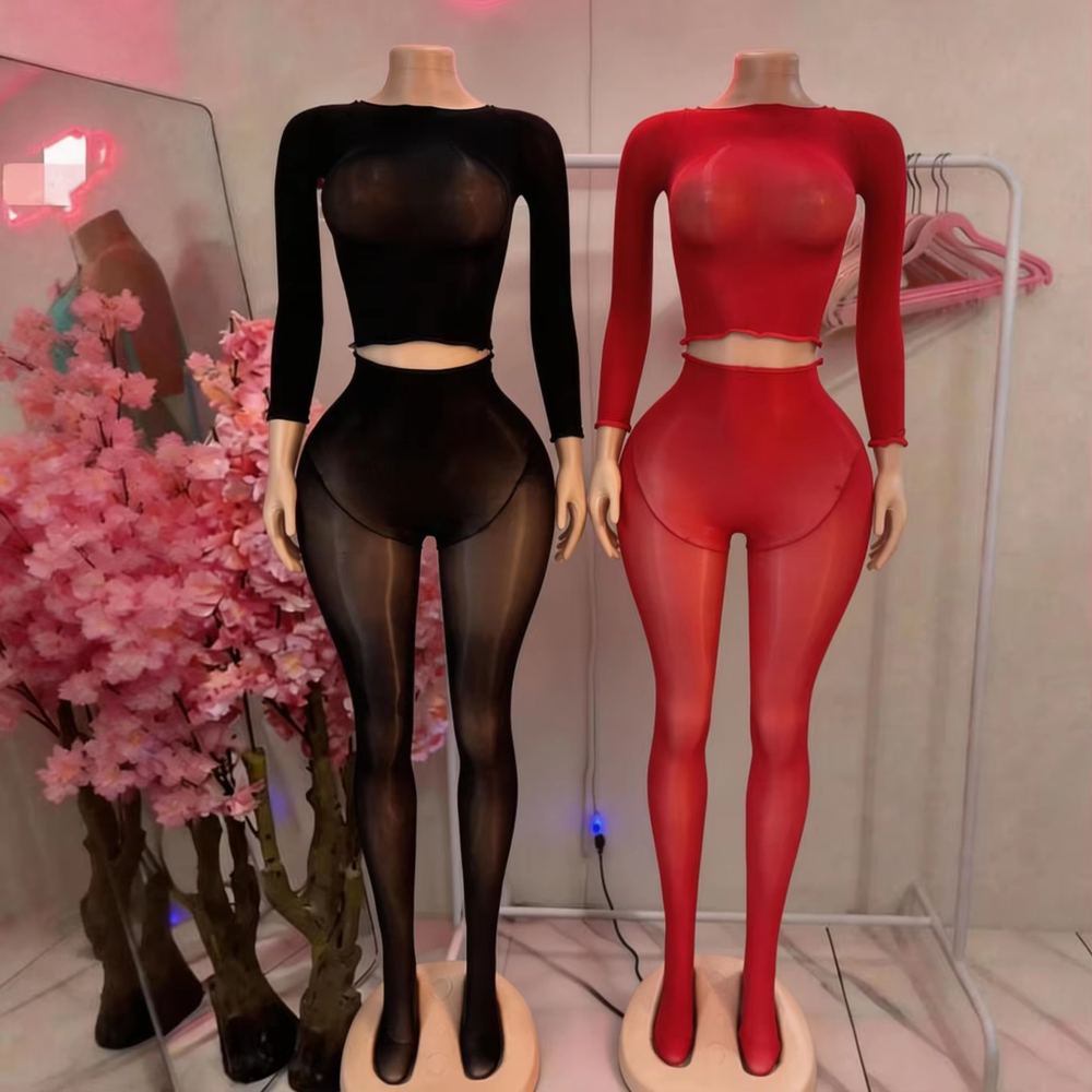 Vêtements pour femmes, ensemble 2 pièces sexy, extensible, brillant, transparent, haut court et pantalon skinny, tenue de soirée pour femmes
