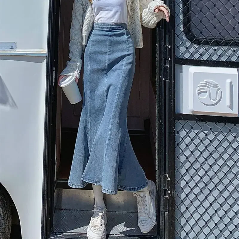 Jupe en denim taille haute à volants pour femmes, nouvelle jupe en queue de poisson commandée, jupes polyvalentes décontractées pour femmes, printemps et automne 2025