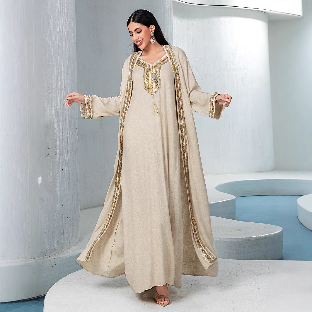 Ensemble 2 pièces tendance pour femme musulmane du Moyen-Orient : Manteau et robe intérieure en coton et lin, brodés de perles, couleur abricot, style simple et basique