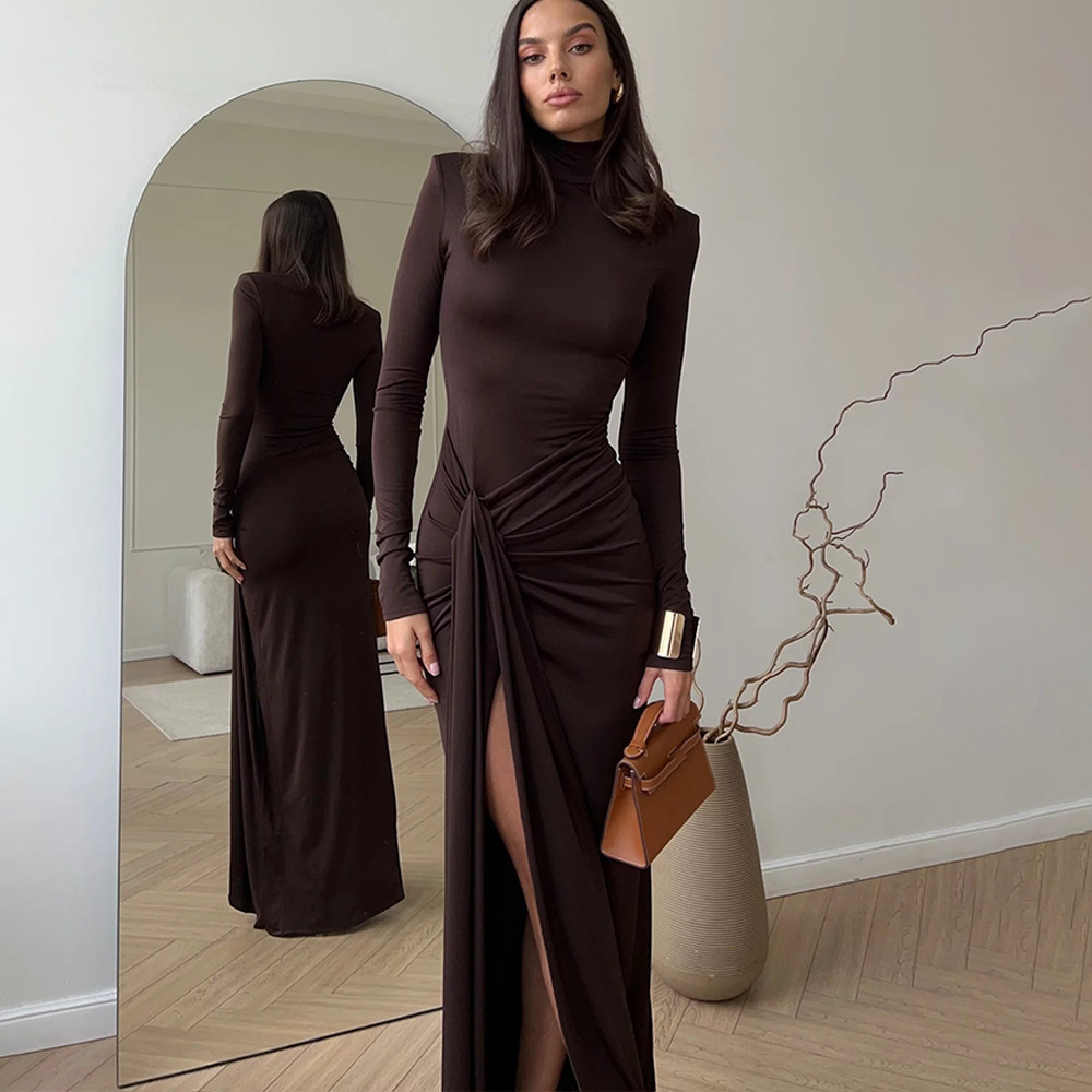 Robe élégante à col roulé et courbe marron pour femme, Sexy, manches longues, épaulettes, soirée, serrée, élastique, nouvelle collection hiver, noir