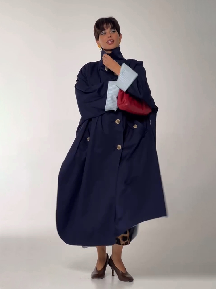 Manteau long décontracté uni pour femme, coupe ample, manches longues, à simple boutonnage, col montant, style patchwork, veste d'automne 2026 pour femme.