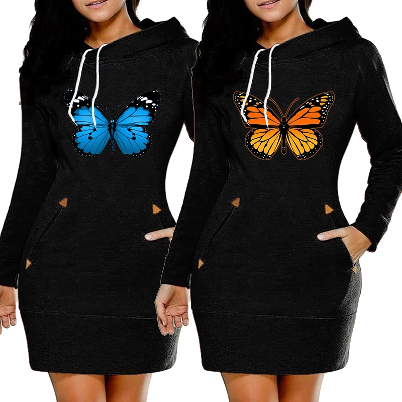 Robe imprimée papillon pour femme, robe à capuche, longueur genou, fermeture éclair latérale, sport de la présidence, automne, sourire chaud, jupe décontractée 03, mode