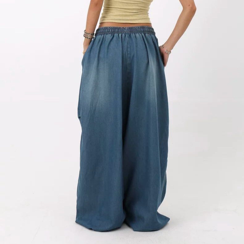 Pantalon en jean pour femme, coupe ample, taille élastique, délavage vintage, longueur intégrale, avec lacets, style Y2K streetwear décontracté, Printemps 2026