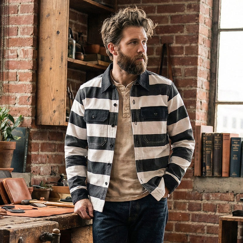 Veste rayée en toile pour hommes, coupe Amekaji, coupe-vent lourd pour motard, veste de travail, vêtements d'extérieur pour hommes, manteaux cargo bomber