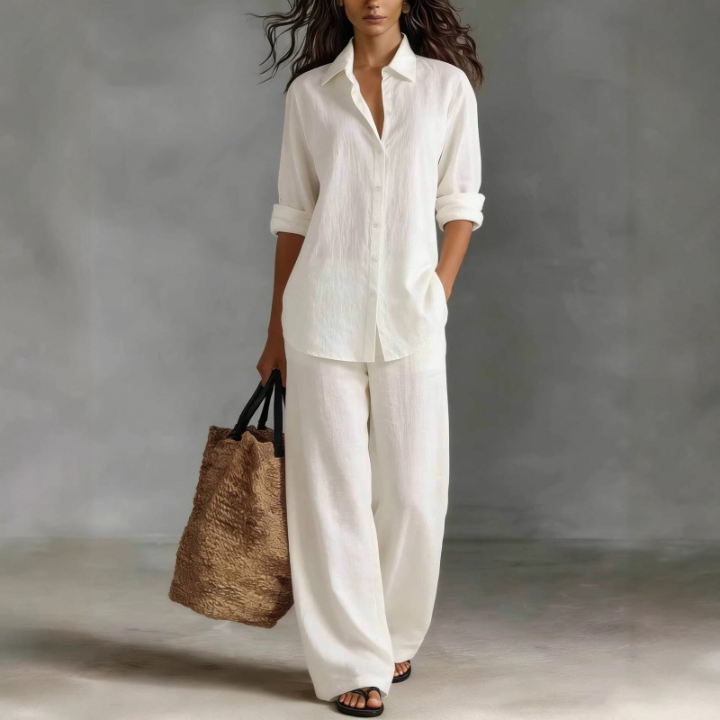 Ensemble de chemise en coton et lin à manches longues pour femmes, pantalon large en coton et lin pour le printemps et l'automne, ensemble de bureau 2 pièces pour femmes