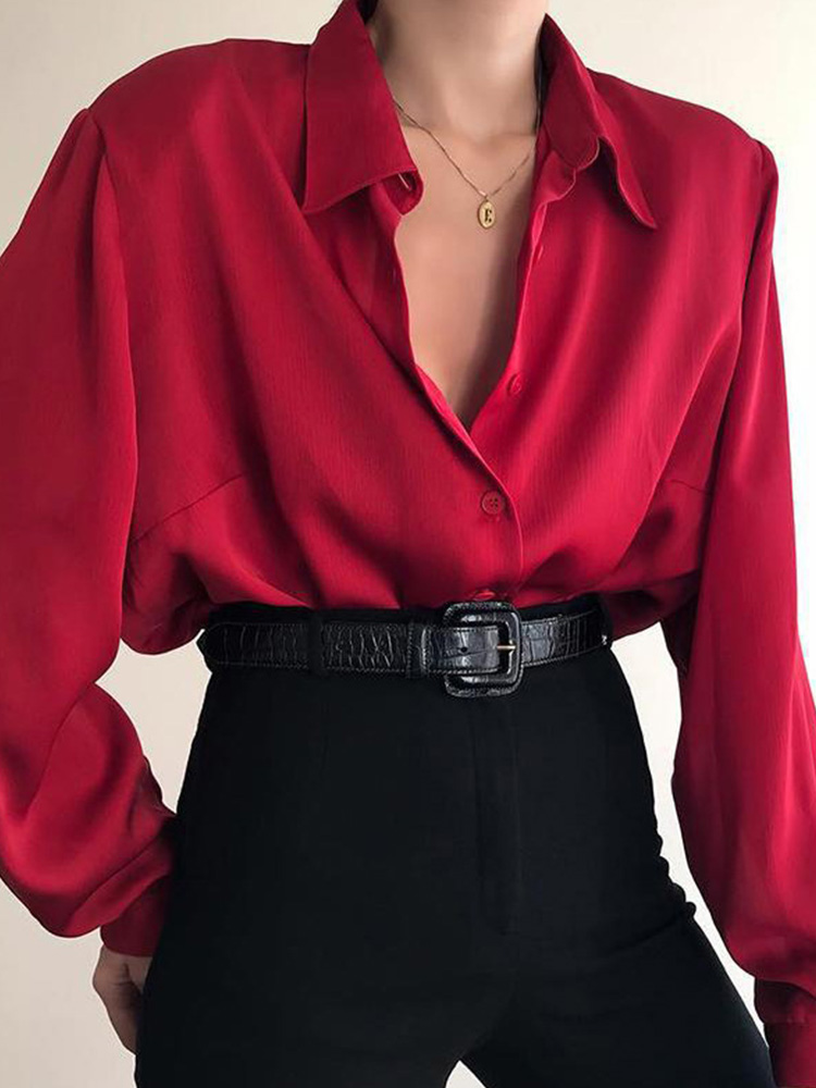 Chemises boutonnées à col rabattu pour femmes, chemisiers décontractés à manches longues pour femmes de bureau, chemise baggy pour avocat, rouge vin et noir
