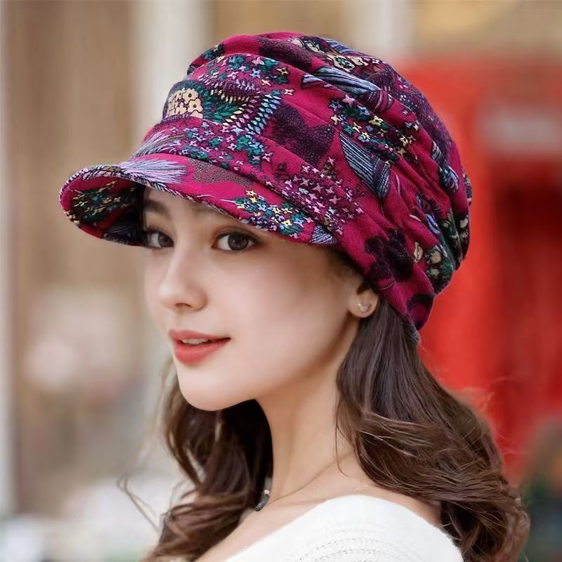 Chapeau Turban Floral pour Femmes avec Visière, Style Ethnique, Idéal pour les Voyages, Hiver, Anti-Vent, Casquette Souple à Bord, Style Vintage, Motif Floral, Usage Quotidien, Casquette à Visière