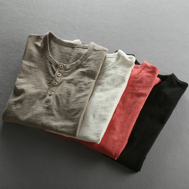 T-shirt à manches longues en pur coton pour hommes, pull à col rond, t-shirts basiques décontractés, t-shirt rétro masculin, mode 100%