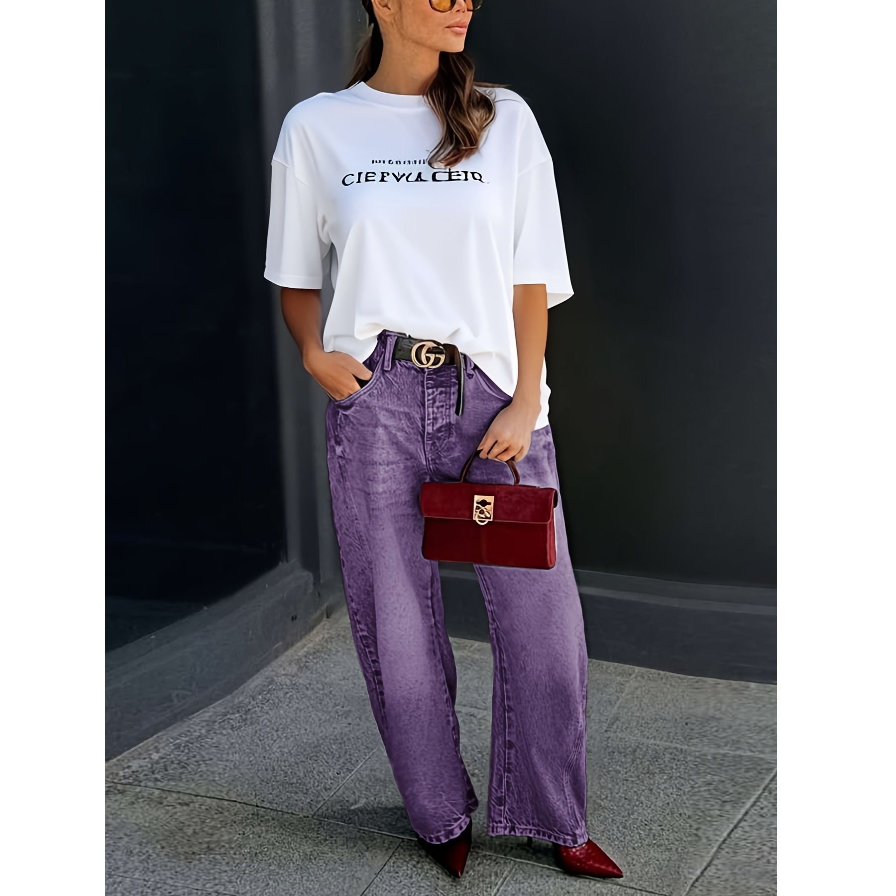 Jean en denim délavé coupe ample et large pour femme, taille simple et assortible, sans ceinture incluse, pantalon long